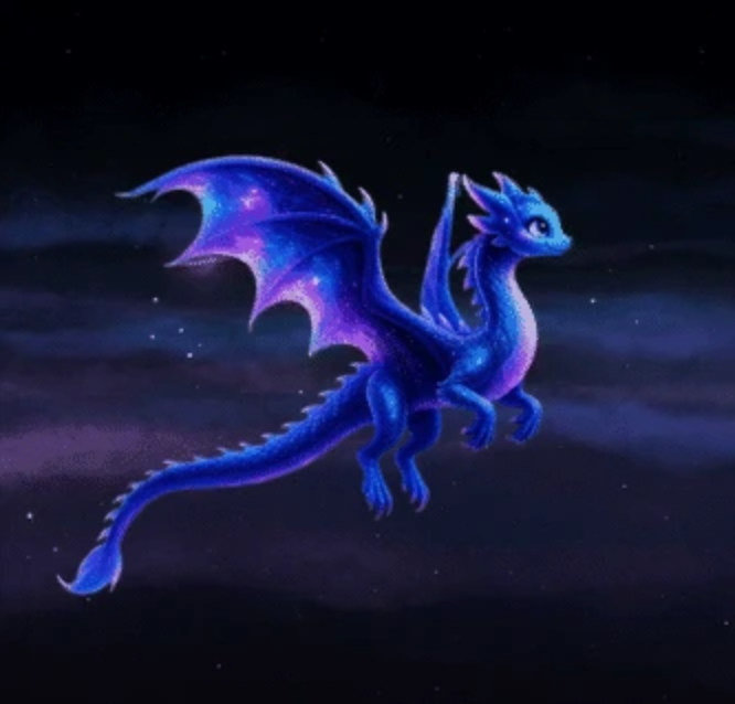 A small blue-violet dragon with galaxy-patterned wings in flight.