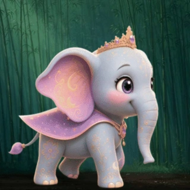 A small crowned elephant in a jeweled cape, walking through a bamboo forest.