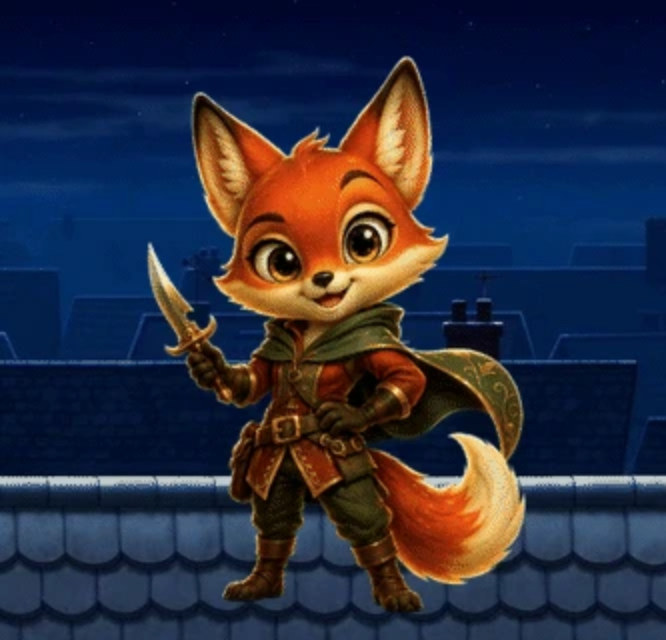 A rogue fox character with a dagger and cape, standing on moonlit rooftops.