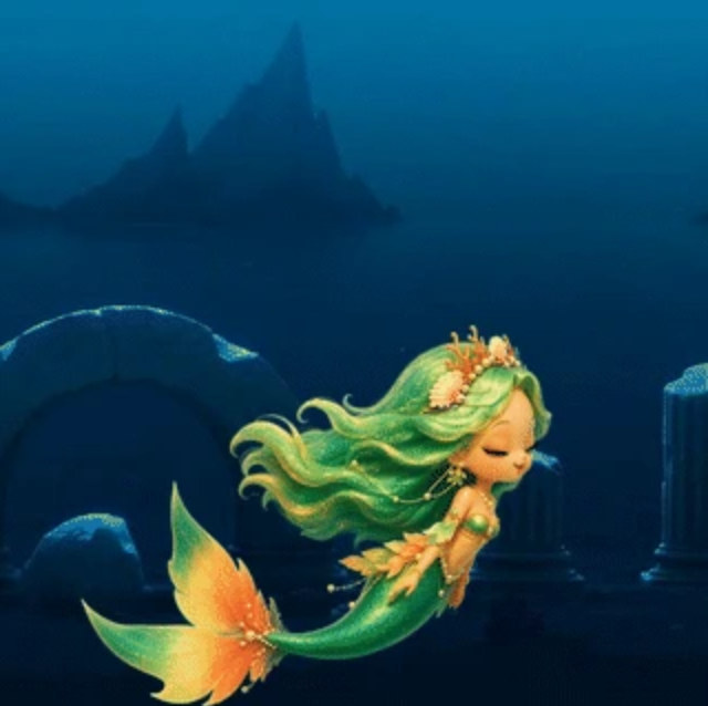 A green-haired mermaid character drifting through a sunken blue seascape.