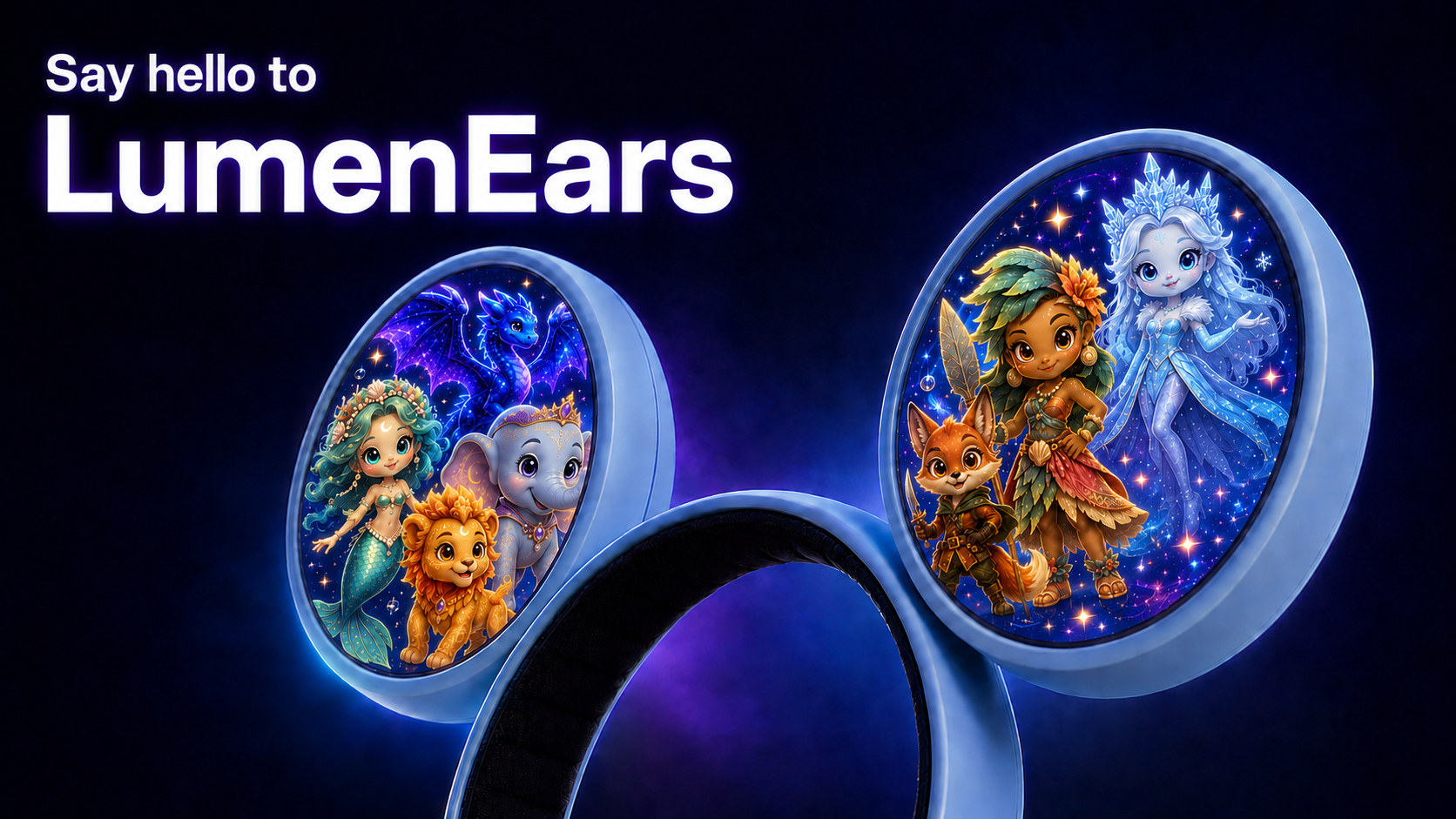 The LumenEars headband: two round, full-color screens on a light blue band, each showing animated characters against a starfield.